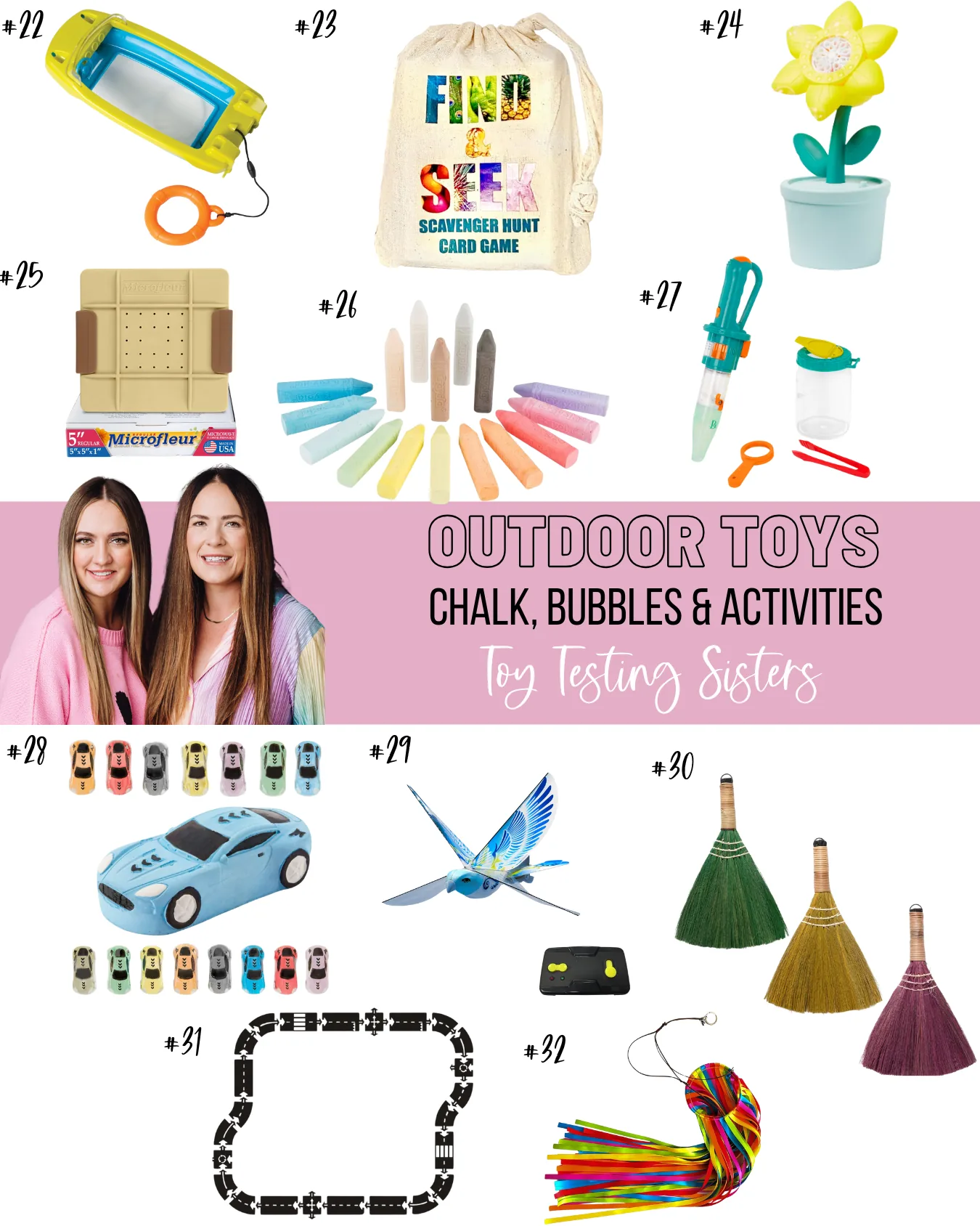 The third image in the "Outdoor Toys – Chalk, Bubbles & Activities" collection. Showcases an underwater viewer with a yellow handle and clear window, a scavenger hunt card game in a drawstring bag, a flower-shaped bubble machine in a pot, a microwave flower press,  a bug vacuum toy with a clear collection jar, chalk cars, E-bird, kid brooms, rubber road, and a ribbon. Two girls from the “Toy Testing Sisters” are again centered.