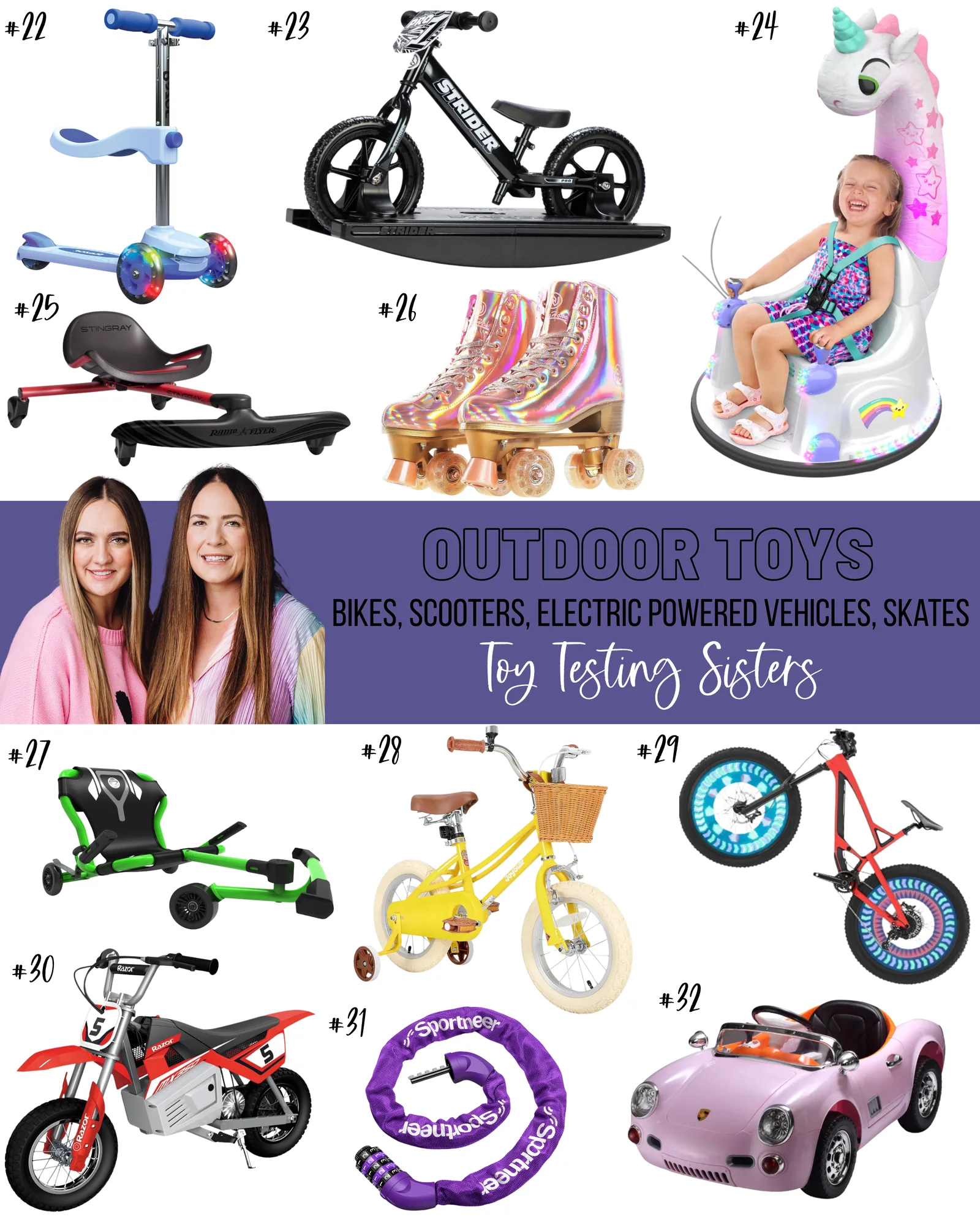 A visual guide featuring a mix of outdoor toys—scooters, electric vehicles, push ride-ons, and active play gear—arranged neatly on a white background with icons and tags.