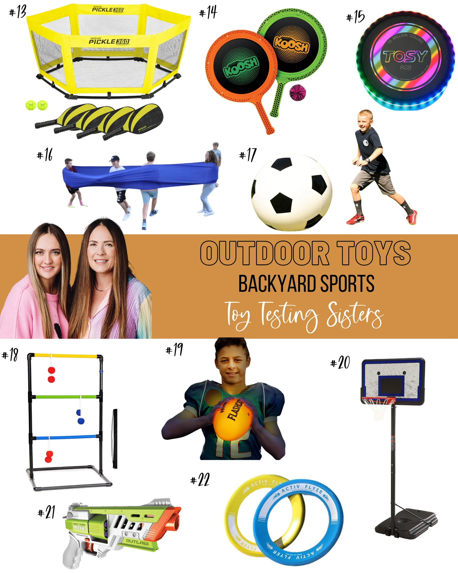 Selection of outdoor toys for kids like a pickleball net, light-up frisbee, ladder toss game, soccer ball, and basketball hoop, featured by Toy Testing Sisters.