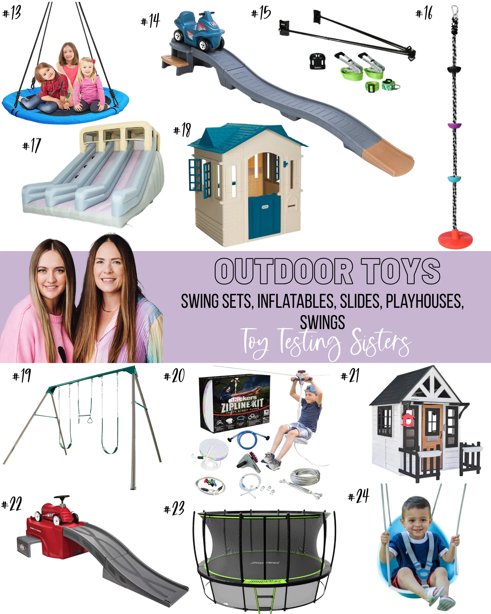A collection of top outdoor play gear for kids in 2025, including swing sets, trampolines, bounce houses, slides, and climbers in a sunny backyard.