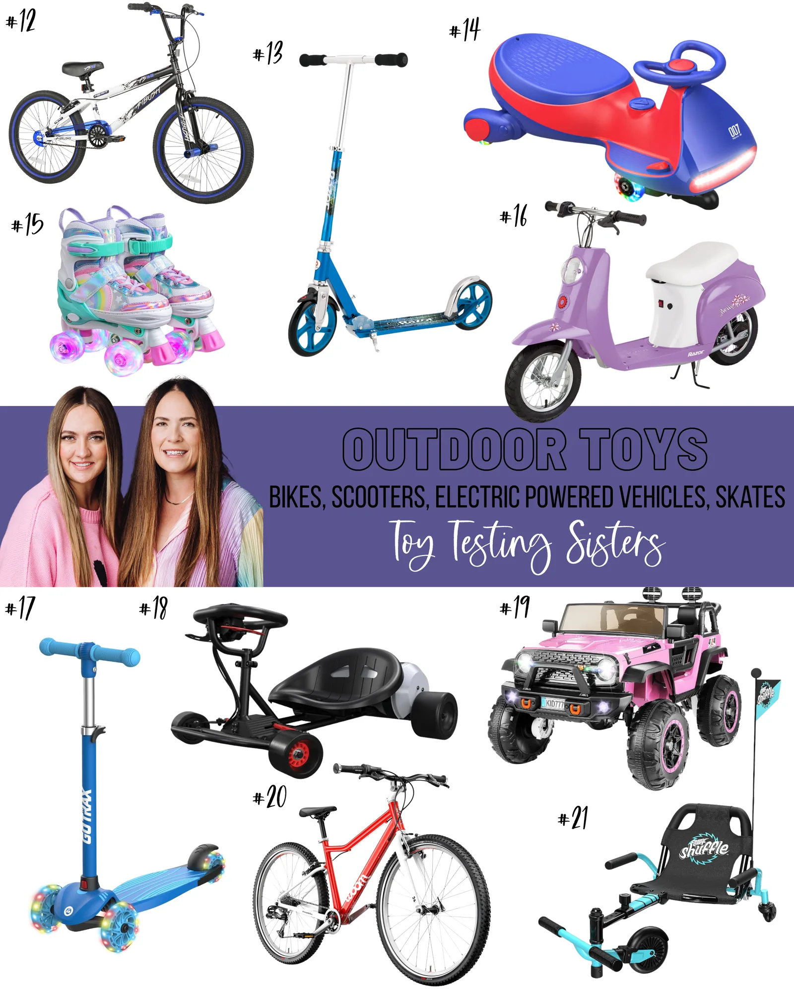 Top-rated outdoor toys for kids, including scooters, electric ride-ons, and toddler vehicles.