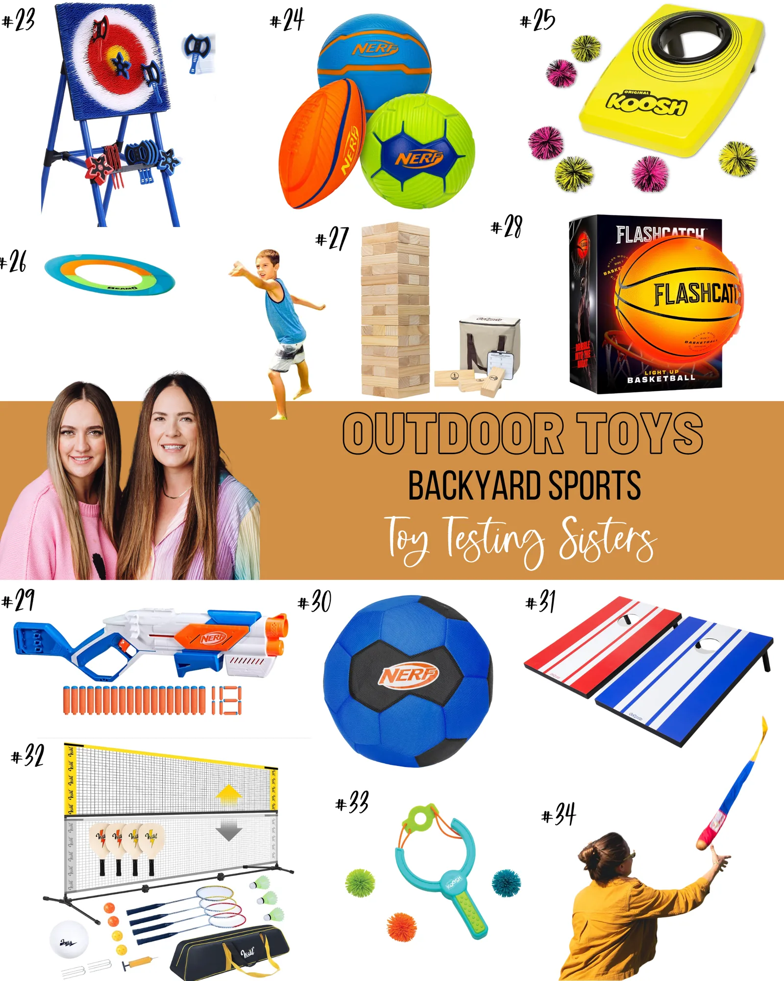 Outdoor games and sports toys such as a target toss, Nerf soccer ball, jumbo Jenga, and portable volleyball net, curated by Toy Testing Sisters.