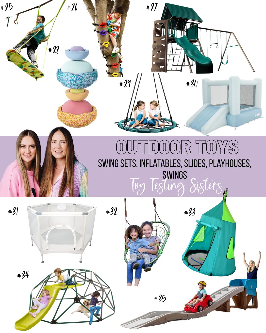 Round up of various outdoor toys—swinging, jumping, and sliding—featuring the best play equipment picks for active and imaginative backyard fun.