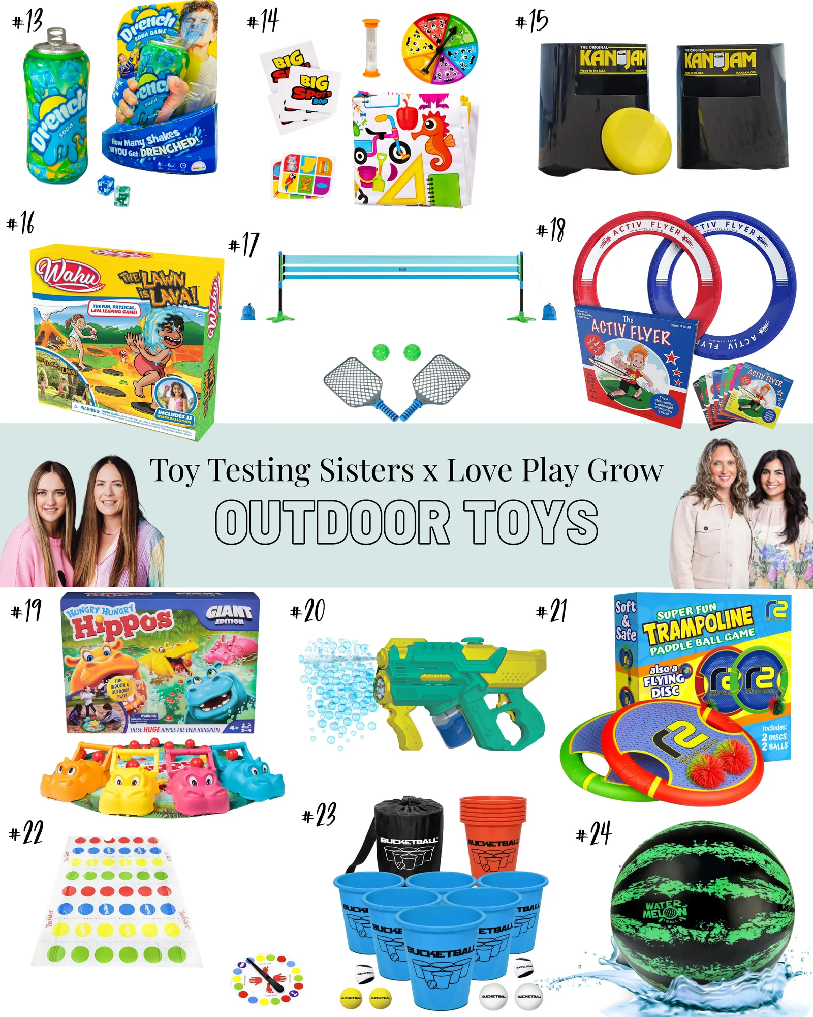 Toy Testing Sisters and Love Play Grow family game guide. Guide is filled with 24 games for families to play together outdoors.