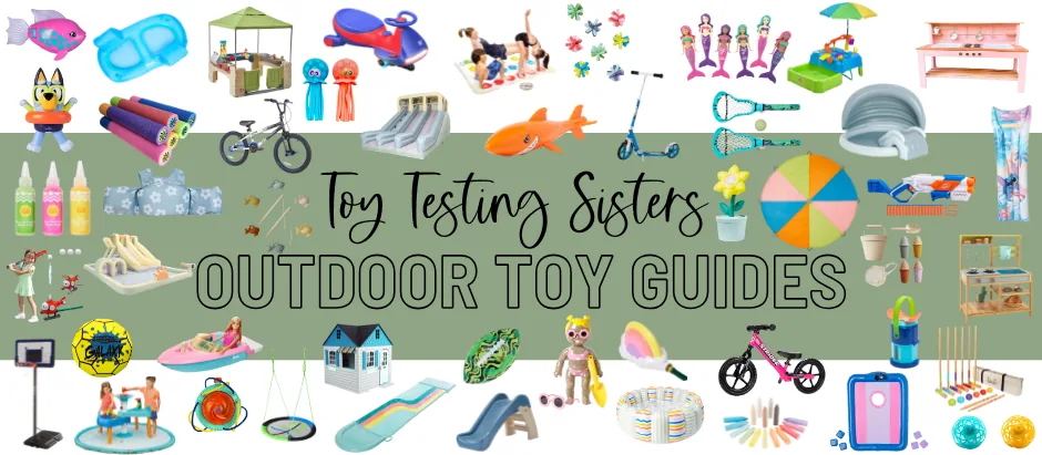 A vibrant collage of the best 2025 outdoor toys, including bikes, scooters, water tables, sports gear, and climbing structures. Each toy is shown in action, tested by happy kids outdoors under the supervision of the Toy Testing Sisters.
