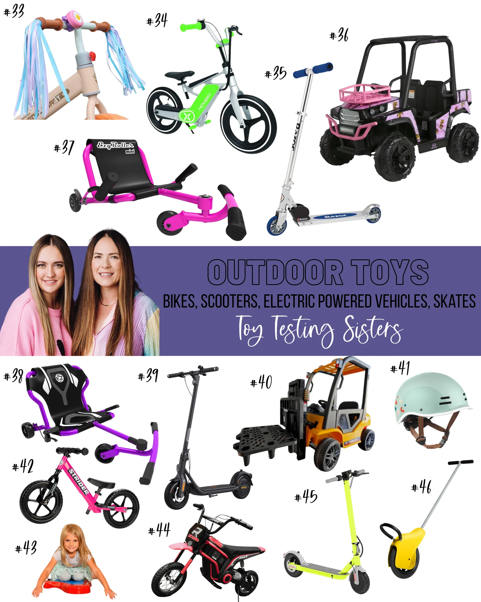 An outdoor product guide graphic on a white background displaying various electric ride-on vehicles, manual ride-ons, helmets, bike streamers, fork lift, balance bikes, and scooters side by side for easy comparison.