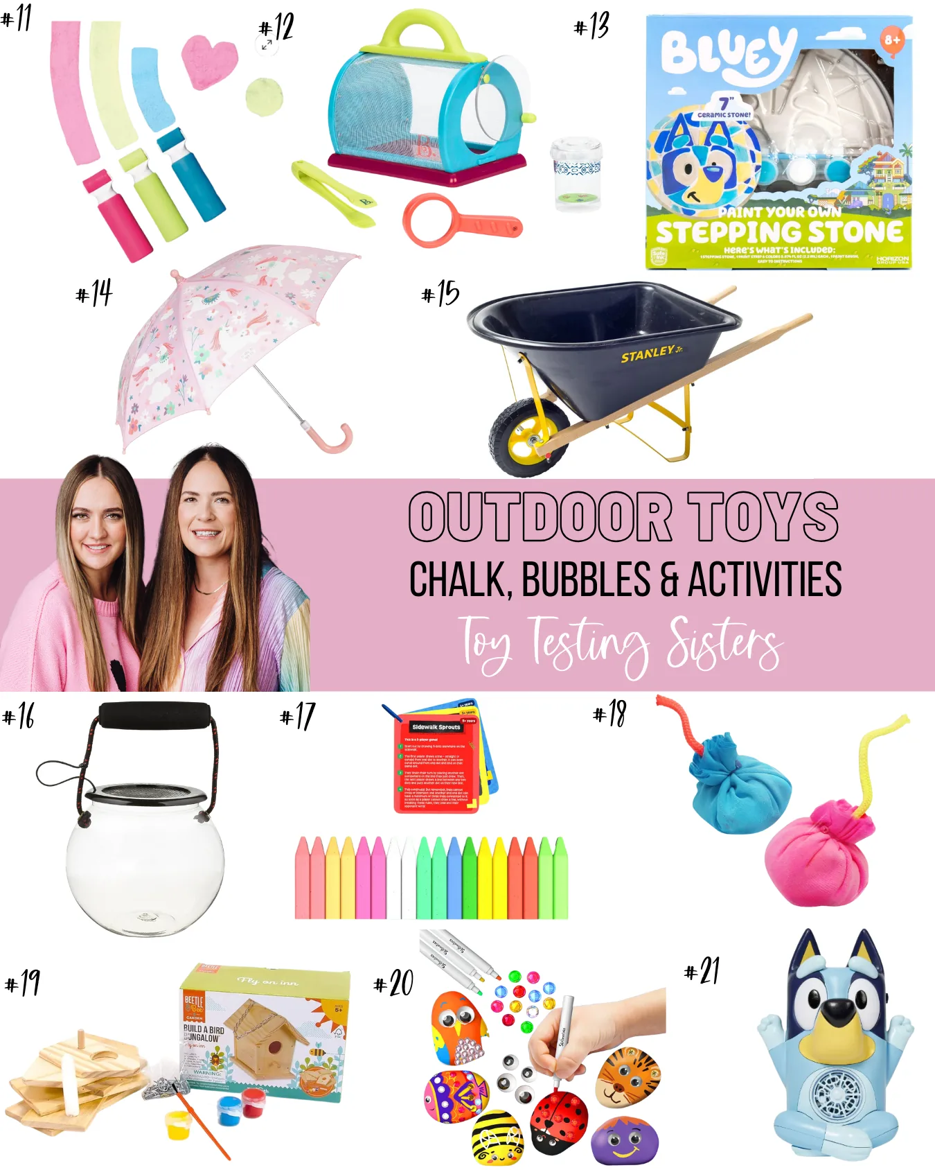 second collage in the "Outdoor Toys – Chalk, Bubbles & Activities" series. Features chalk paint, a bug habitat kit with magnifier and tweezers, a Bluey-themed ceramic paint-your-own stepping stone set, a pink unicorn-patterned umbrella, a yellow Stanley kids’ wheelbarrow,  sidewalk chalk activities, exploding chalk, a birdhouse craft kit with paints, a painted rock art kit with googly eyes and patterns, and a Bluey character bubble blower. The two “Toy Testing Sisters” appear at the center.