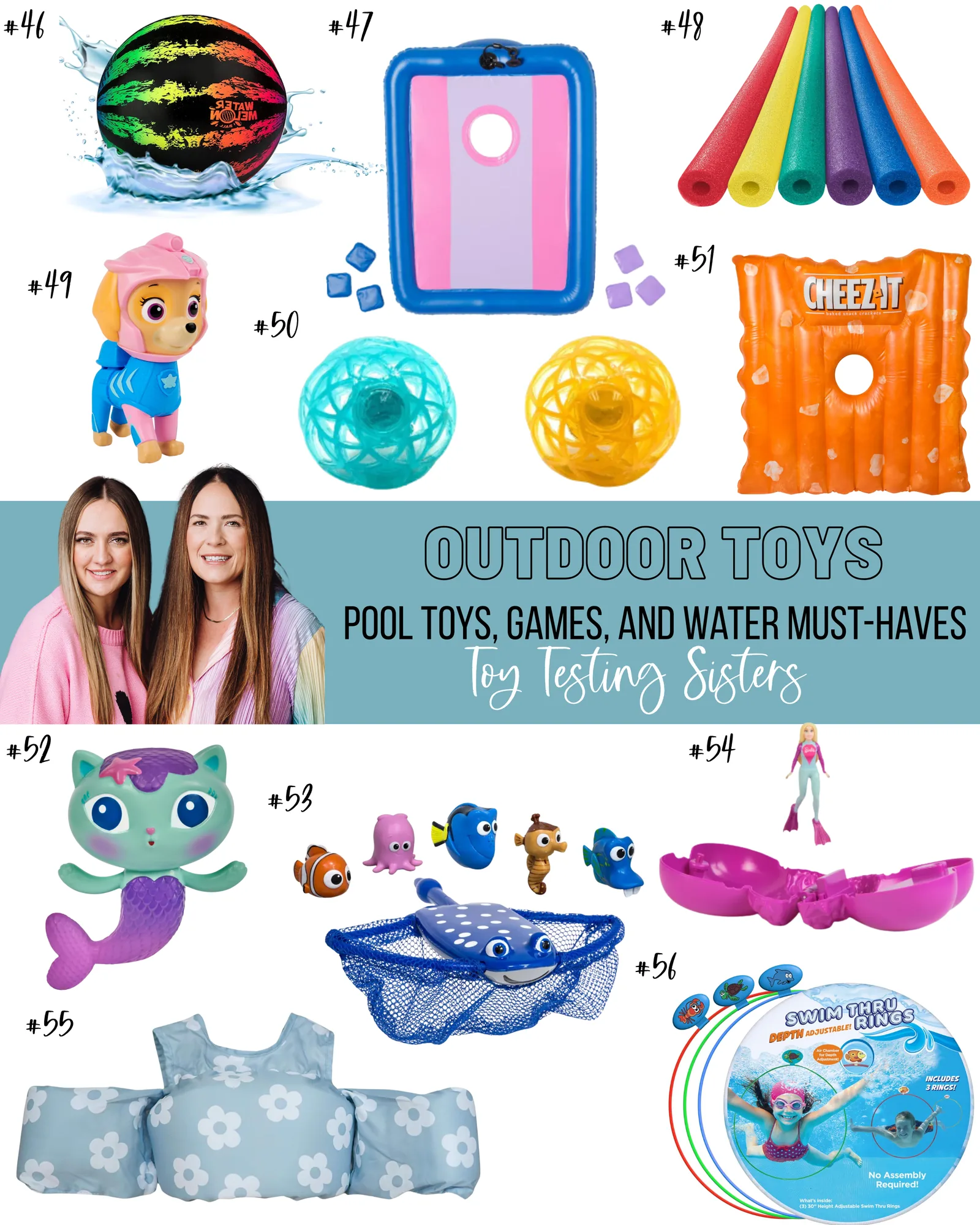 Colorful dive toys floating in a backyard pool — fun summer water toys for kids.