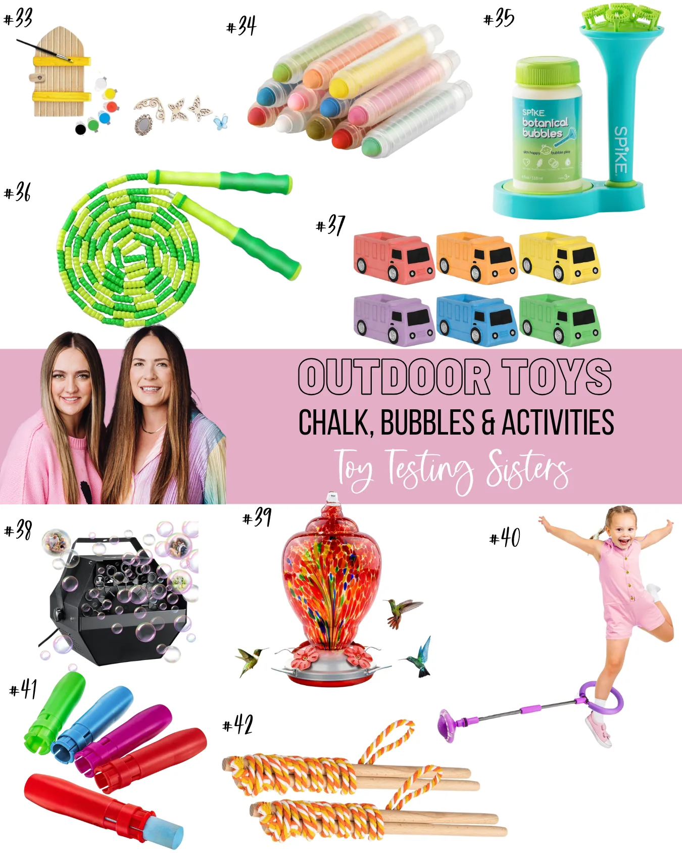 A colorful collage of various outdoor toys and activity items for children, including tools for exploration, games, crafts, and active play. The image is part of a themed series titled "Outdoor Toys – Chalk, Bubbles & Activities" and features the Toy Testing Sisters in the center. The overall layout highlights fun, educational, and creative products meant for kids to enjoy outside.