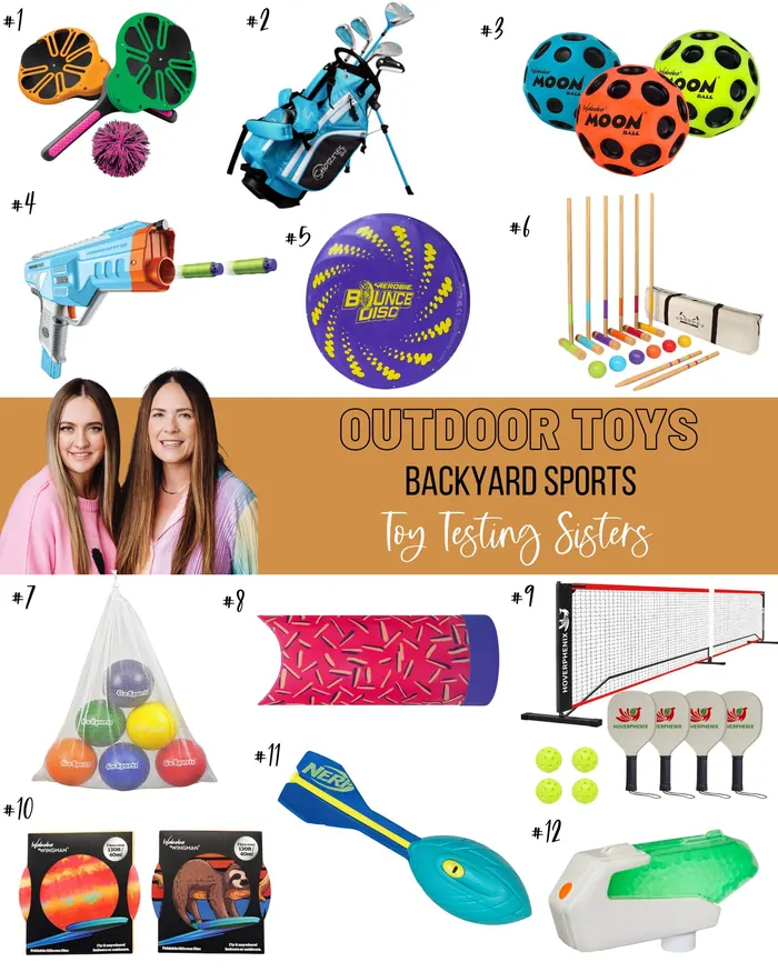 Guide of backyard sports toys including foam blasters, croquet set, bounce disc, Nerf gear, and pickleball equipment, reviewed by Toy Testing Sisters
