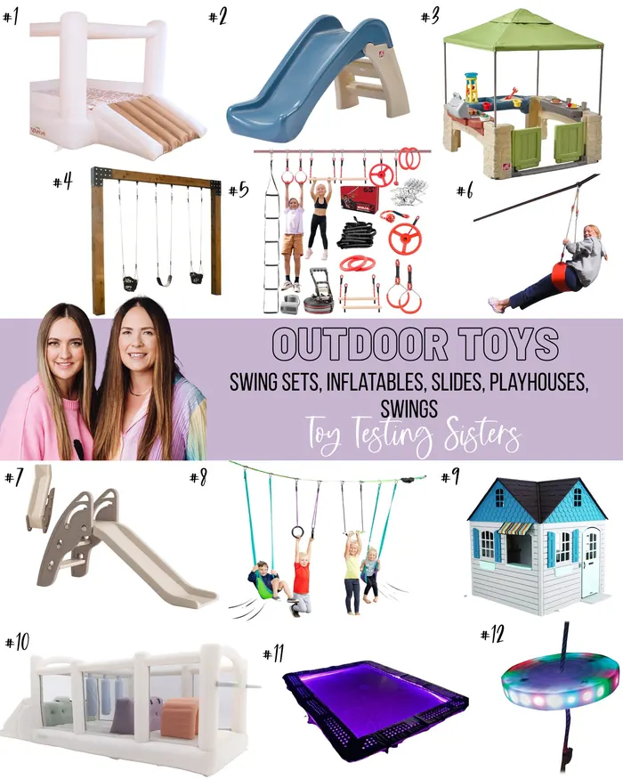 Guide filled with 35 outdoor toys like swingsets, slides, bounce houses, trampolines, hiplines, swings, and more. All tried and true favorites by the Toy Testing Sisters.