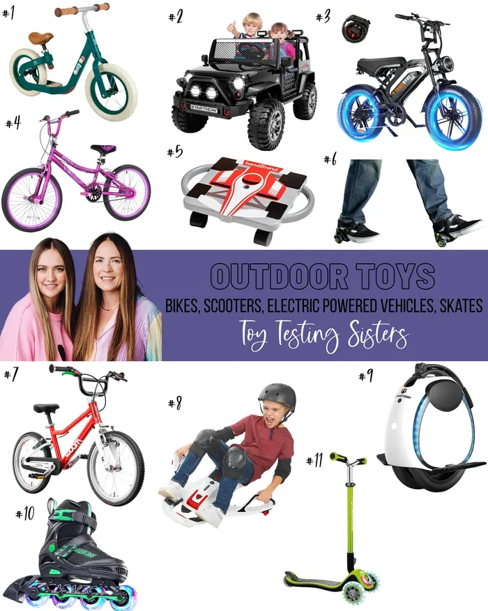 A graphic showcasing a curated selection of outdoor toys, including kids' scooters, ride-on cars, and balance bikes, with photos, and numbers for more information.